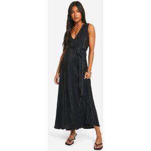 boohoo Maternity Plisse Belted V-Neck Midaxi Dress, Black 16