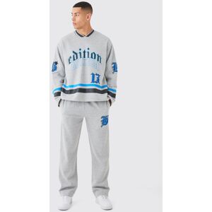 boohoo Oversized Varsity Applique V Neck Sweatshirt Tracksuit, Grey XL