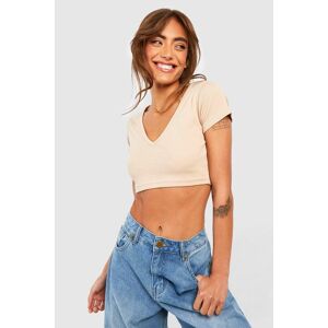 boohoo Ribbad Kortärmad Topp Med V-Ringning, Beige 42