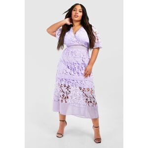 boohoo Plus Premium V Neck Tiered Lace Dress, Purple 22