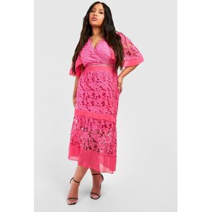 boohoo Plus Premium V Neck Tiered Lace Dress, Pink 28