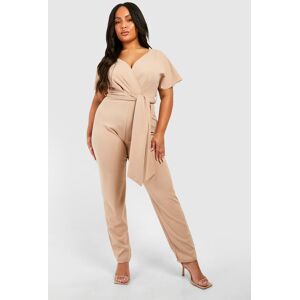 boohoo Plus V Neck Belted Straight Leg Jumpsuit, Beige 20