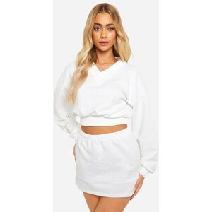 boohoo V Neck Crop Sweatshirt And Skirt Set, White M