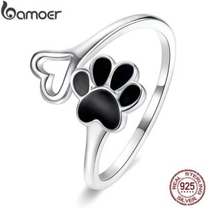 BAMOER Autentisk Sterling Silver 925 Svart Emalj Dog Paw Heart Justerbara fingerringar för kvinnor