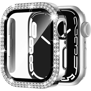 Bling Glass+ skydd för Apple Watch Case 45mm 41mm 40mm 44mm 42mm 38mm Diamant stötfångare+skärmsskydd iwatch serie 7 9 8 5 6 SE C silver