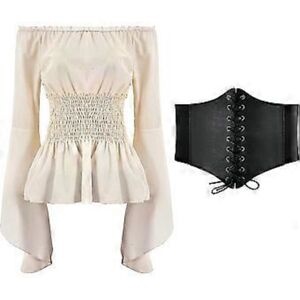 Ny Dam Renaissance Blus Toppar Korsett Midjebälte Medeltida Viktoriansk Off Shoulder Långärmad Skjorta Pirat Cosplay Kostymer Snabb 2023 (Small Beige)