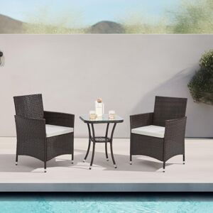 Lark Manor Sunray Outdoor Rattan Garden Bistro 3 Piece Set with Cushions Glass Top Table Brown 2