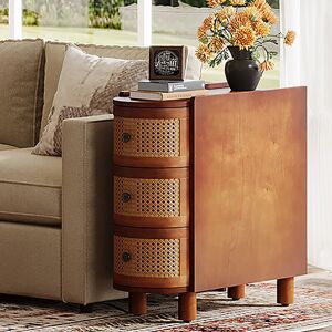 17 Stories Solid Wood End Table, 3-Drawer Rattan Side Table, Night Stand with 3 Rattan Drawers and Exquisite Embossed Handles for Living Room, No Assembly Requir Brown 68cm H X 27cm W X 60cm D