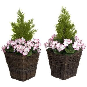Lily Manor 2x Artificial Rattan Patio Planters with Geraniums and Cedar Topiary Pink