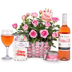 Happy Birthday Basket - Pink Rose Plant - Rose Plants - Birthday Gifts - Birthday Hampers - Birthday Plant with Candle - Luxury Birthday Plant