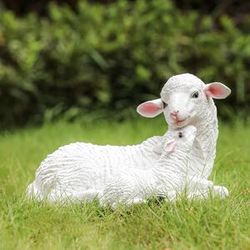 NONE 2 pcs Resin Figurine Lamb Ornament Decor for Garden Farmyard Artificial Lamb Mother Baby Sheep Outdoor Sculptures for Garden