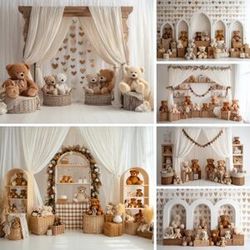 NONE Bear Photography Backdrop Wooden Door Balloons Arch Flowers Cake Smash Newborn Baby Birthday Party Decor Photo Background