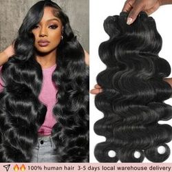 Rovess 16A Body Wave Human Hair Bundle 100% Raw Human Hair Bundles 30 34 Inch Double Drawn Brazilian Virgin Human Hair Extensions Natural Black Color 1/3/4 Bundle