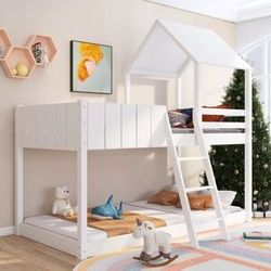 NONE Wooden Bunk Bed Loft Bed 3FT Single 90x190cm with Ladder Guard Rail Tree House Canopy Mid-Sleeper Cabin Bed for Kids Children
