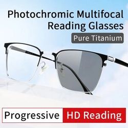 Petofi Photochromic Progressive Multifocal Reading Glasses,Rectangular Frame Magnifying Glass,Tinted Eyeglasses,Presbyopic Glasses