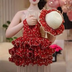 NONE Summer New Girls Fluffy Fashionable Suspender Dress Princess Floral Suspender Cake Dress Baby Girl Pleated Dress