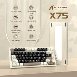 ATTACK SHARK X75 VIA with Full Aluminum Wireless Mechanical Gaming Keyboard,Bluetooth/2.4Ghz/USB-C Wired,Hot-Swap Pre-lubed Linear Switch RGB,75% QWERTY Layout with Five-Layer Padding