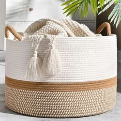 NONE Large Blanket Basket,Woven Baskets for storage Baby Laundry Hamper, Cotton Rope Blanket Basket for Living Room, Laundry