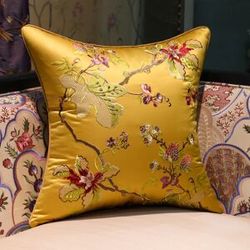 NONE Flowers Pillows Retro Chinese Embroidery Cushion Case Luxury Gold Green Decorative Pillow Cover For Sofa Chair Home Decorations