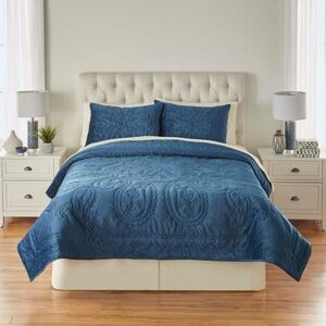 Embroidered Velvet Quilt Set by BrylaneHome in Blue (Size FL/QUE)