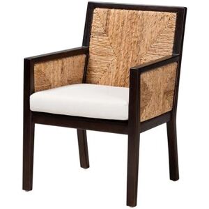 Joana Modern Bohemian Dark Brown Mahogany Wood And Natural Seagrass Dining Arm Chair by Baxton Studio in Dark Brown