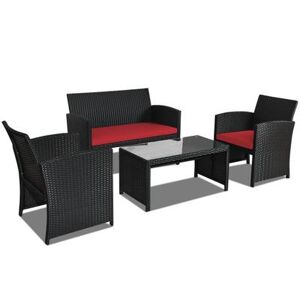 Costway 4 Pcs Wicker Conversation Furniture Set Patio Sofa and Table Set-Red