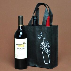 "LK Packaging NW7493 Non Woven Poly 2 Bottle Wine Bag - 9 1/4"" x 3 3/4"" x 7"", Black, Two Bottle"