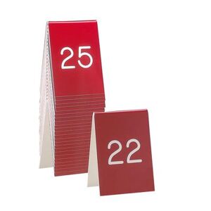 "Cal-Mil 271B-1 Tabletop Number Tents - 26 50, 3 1/2"" x 5"", Red/White, Red & White"