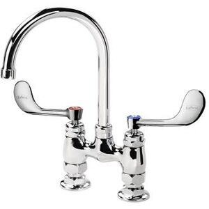 "Krowne 15-401L-W-F1 Raised Deck Mount Faucet w/ 6"" Gooseneck Spout & Wrist Action Handles - 4"" Centers, 0.5 GPM"