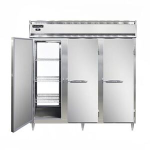"Continental D3RNSAPT 78"" 3 Section Pass Thru Refrigerator, (6) Left/Right Hinge Solid Doors, Top Compressor, 115v, Silver"