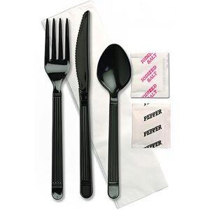 D&W Fine Pack F250E3PCSPLGKIT Heavy Weight Disposable Cutlery Set - Polypropylene, Black