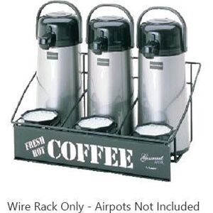 Bloomfield 3013-SRVRK3F Airpot Serving Rack w/ Drip Trays, Holds 3 Airpots, Black Steel, Plastic Drip Trays, Fresh Hot Coffee Sign