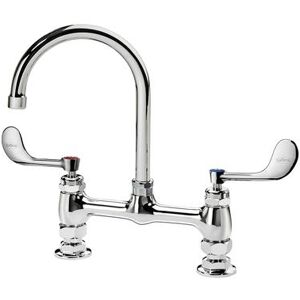 "Krowne 15-801L-W-F2 Raised Deck Mount Faucet w/ 6"" Gooseneck Spout & Wrist Action Handles - 8"" Centers, 1.5 GPM"