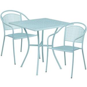 "Flash Furniture CO-28SQ-03CHR2-SKY-GG 28"" Square Patio Table & (2) Round Back Arm Chair Set - Steel, Sky Blue"