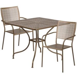 "Flash Furniture CO-35SQ-02CHR2-GD-GG 35 1/4"" Square Patio Table & (2) Square Back Arm Chair Set - Steel, Gold"