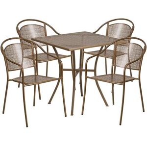 "Flash Furniture CO-28SQ-03CHR4-GD-GG 28"" Square Patio Table & (4) Round Back Arm Chair Set - Steel, Gold"