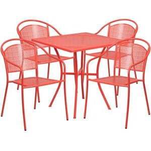 "Flash Furniture CO-28SQ-03CHR4-RED-GG 28"" Square Patio Table & (4) Round Back Arm Chair Set - Steel, Coral"