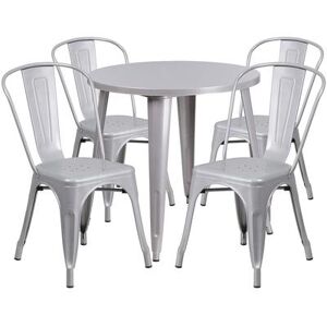 "Flash Furniture CH-51090TH-4-18CAFE-SIL-GG 30"" Round Table & (4) CafÃ© Chair Set - Metal, Silver"