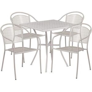 "Flash Furniture CO-28SQ-03CHR4-SIL-GG 28"" Square Patio Table & (4) Round Back Arm Chair Set - Steel, Light Gray"