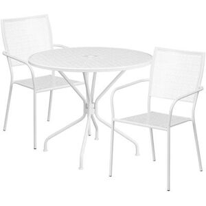 "Flash Furniture CO-35RD-02CHR2-WH-GG 35 1/4"" Round Patio Table & (2) Square Back Arm Chair Set - Steel, White"