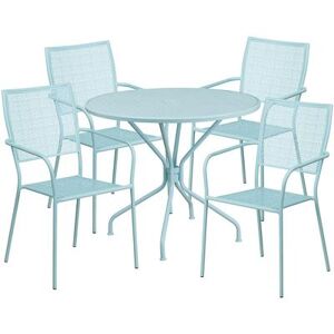 "Flash Furniture CO-35RD-02CHR4-SKY-GG 35 1/4"" Round Patio Table & (4) Square Back Arm Chair Set - Steel, Sky Blue"