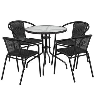 "Flash Furniture TLH-087RD-037BK4-GG 28"" Round Patio Table & (4) Black Rattan Arm Chair Set - Glass Top, Black Metal Base"