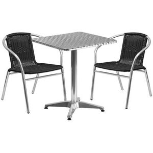 "Flash Furniture TLH-ALUM-24SQ-020BKCHR2-GG 23 1/2"" Square Patio Table & (2) Black Rattan Arm Chair Set - Stainless Top, Aluminum Base"