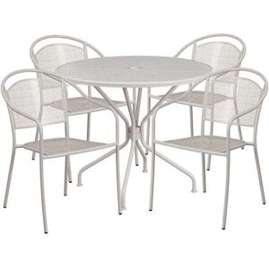 "Flash Furniture CO-35RD-03CHR4-SIL-GG 35 1/4"" Round Patio Table & (4) Round Back Arm Chair Set - Steel, Light Gray"