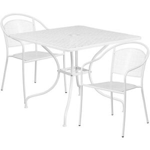 "Flash Furniture CO-35SQ-03CHR2-WH-GG 35 1/4"" Square Patio Table & (2) Round Back Arm Chair Set - Steel, White"