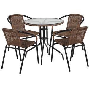 "Flash Furniture TLH-087RD-037BN4-GG 28"" Round Patio Table & (4) Brown Rattan Arm Chair Set - Glass Top, Black Metal Base"