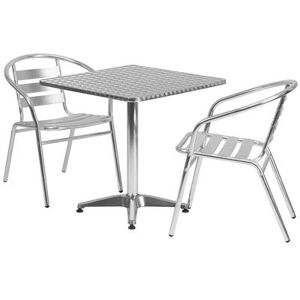 "Flash Furniture TLH-ALUM-28SQ-017BCHR2-GG 27 1/2"" Square Patio Table & (2) Arm Chair Set - Stainless Steel Top, Aluminum Base"