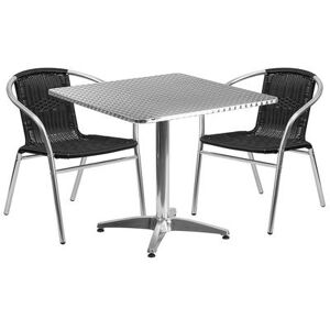 "Flash Furniture TLH-ALUM-32SQ-020BKCHR2-GG 31 1/2"" Square Patio Table & (2) Black Rattan Arm Chair Set - Stainless Top, Aluminum Base"