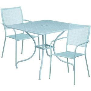 "Flash Furniture CO-35SQ-02CHR2-SKY-GG 35 1/4"" Square Patio Table & (2) Square Back Arm Chair Set - Steel, Sky Blue"