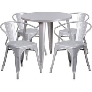 "Flash Furniture CH-51090TH-4-18ARM-SIL-GG 30"" Round Table & (4) Arm Chair Set - Metal, Silver"